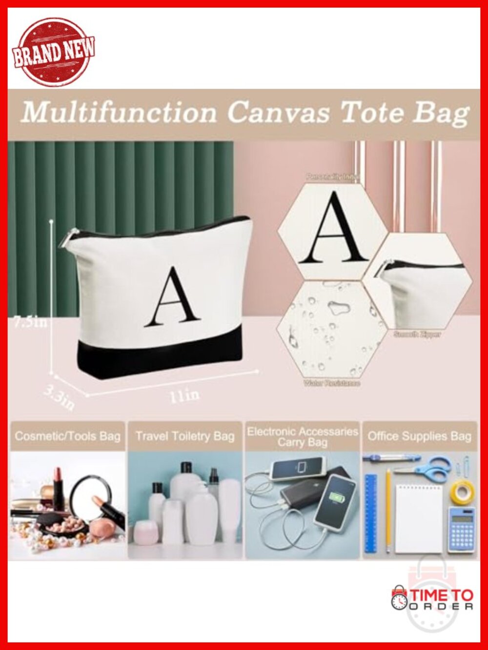 Canvas Tote Bag with Embroidered Initial & 2 Makeup Bags, Large Capacity, - Picture 3 of 6